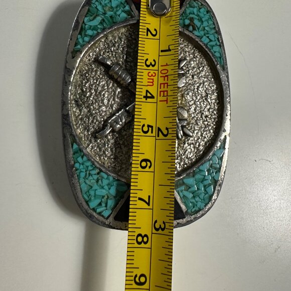 Vintage Southwestern Silver Tone Tomahawk Inlay Blue and Red Stone 3 x 2” buckle - Picture 3 of 4